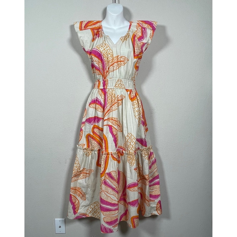 Maude Vivante Dress Boho Coastal L Cream Pink Orange Cotton Tropical Midi